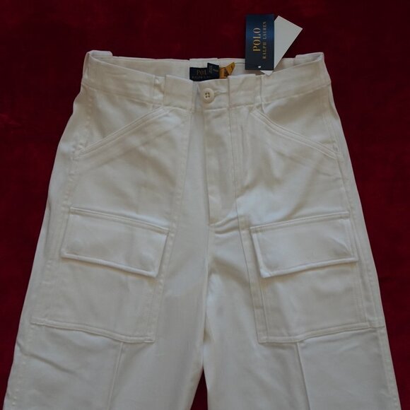 POLO RALPH LAUREN Wide Leg Pants Size 0 Ivory Cotton Blend Cargo Wear To Work - Picture 4 of 13